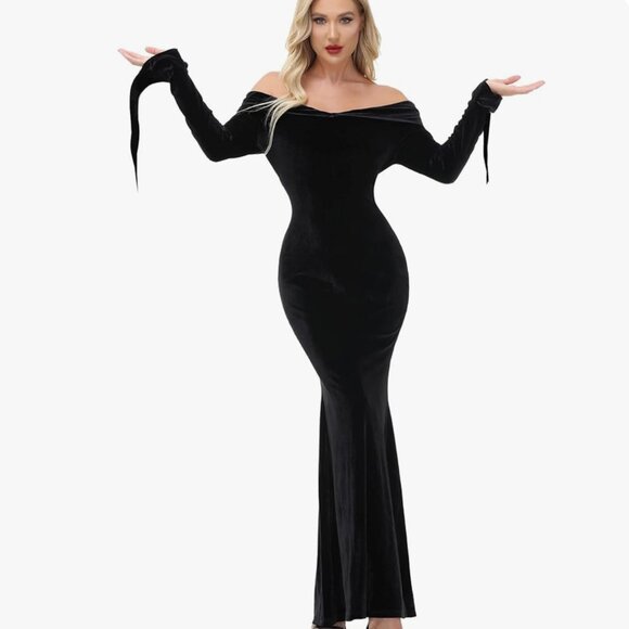 MORTICIA ADDAMS OFF THE SHOULDER SEXY VAMP VELOUR DRESS | COSTUME - BLACK - Picture 1 of 9